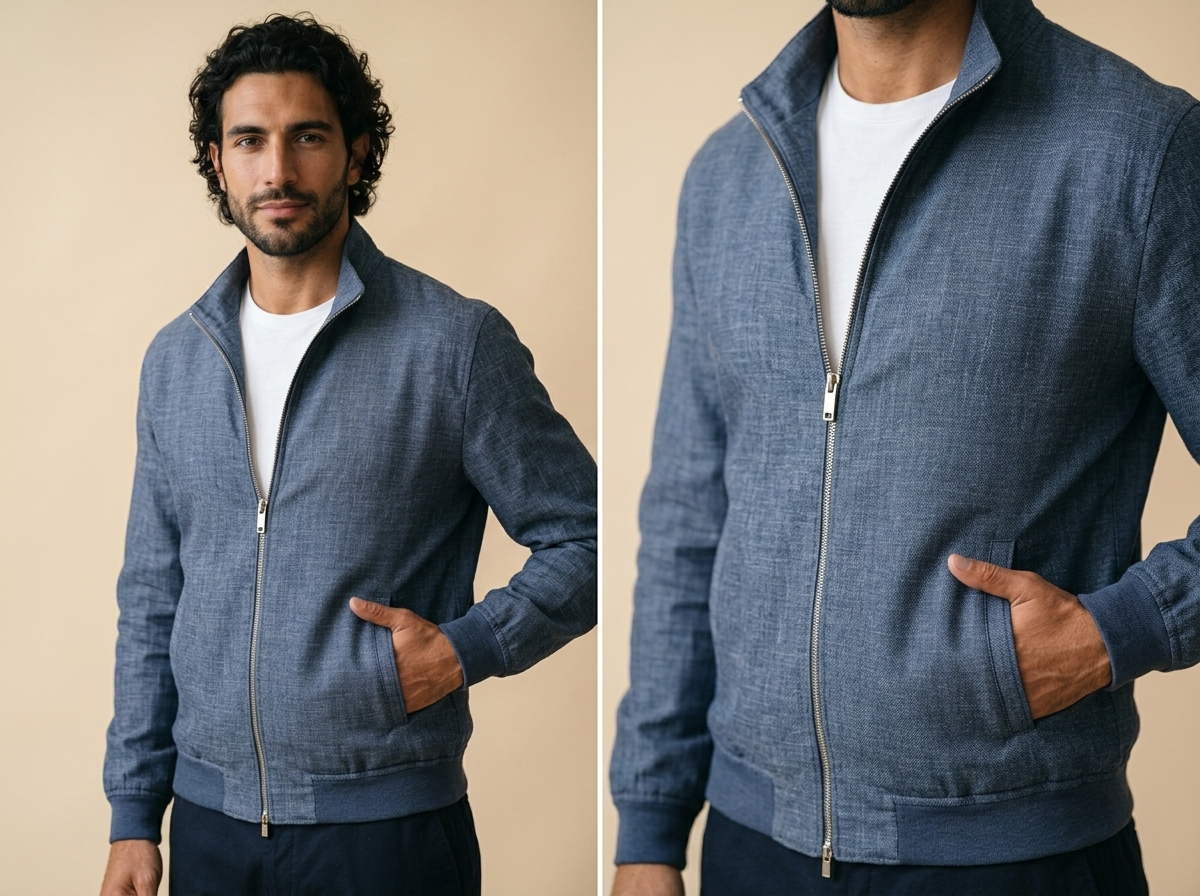 AZZUR Sommerjacke Summertime Denim-Blau, Stoff- und Detailansicht