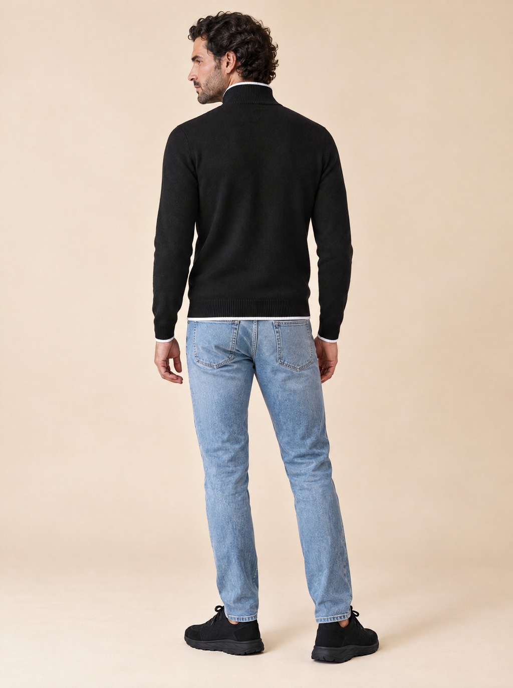 Stehkragenpullover mit Reißverschluss Schwarz, Rückansicht