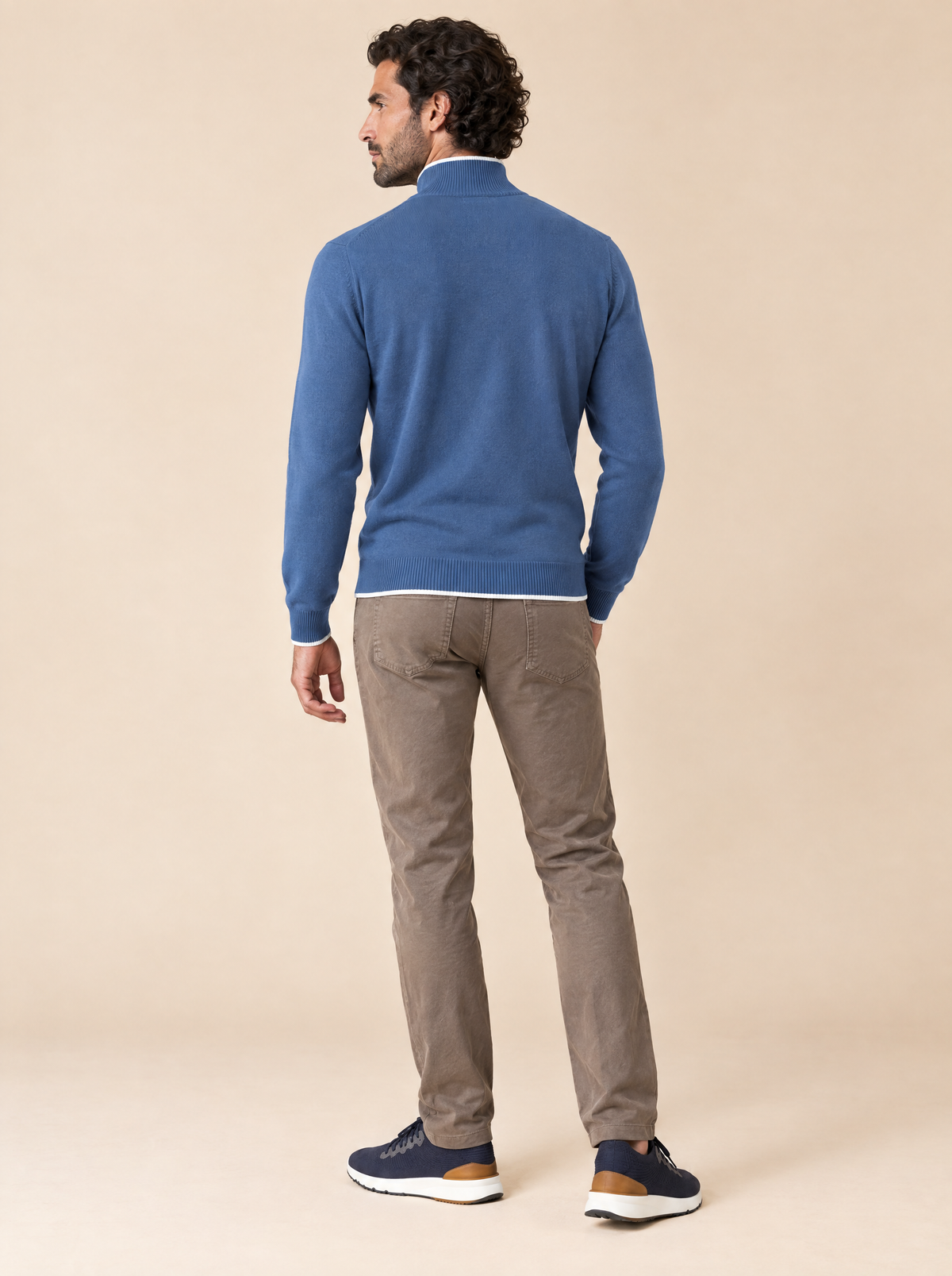 Stehkragenpullover mit Reißverschluss Denimblau, Rückansicht