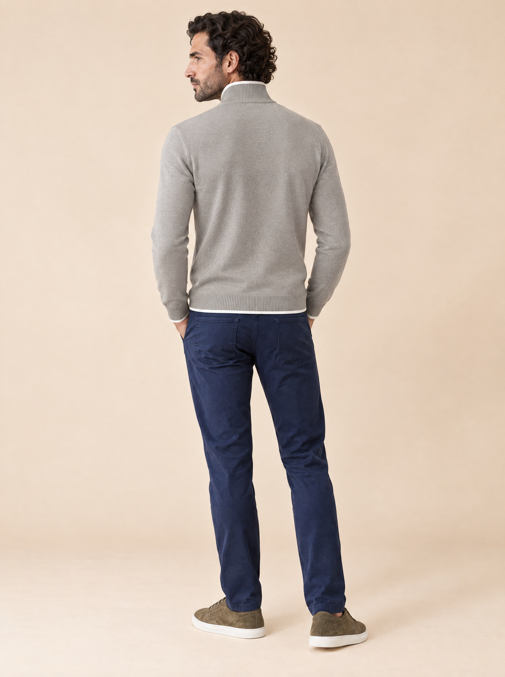 Stehkragenpullover mit Reißverschluss Grau, Rückansicht