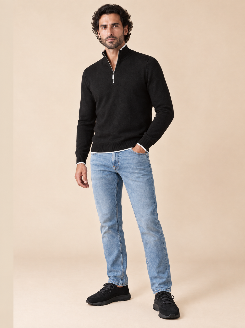 Stehkragenpullover mit Reißverschluss Schwarz, Seitenansicht