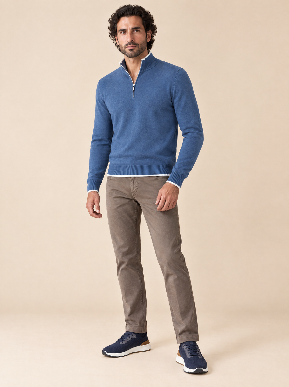 Stehkragenpullover mit Reißverschluss Denimblau, Seitenansicht
