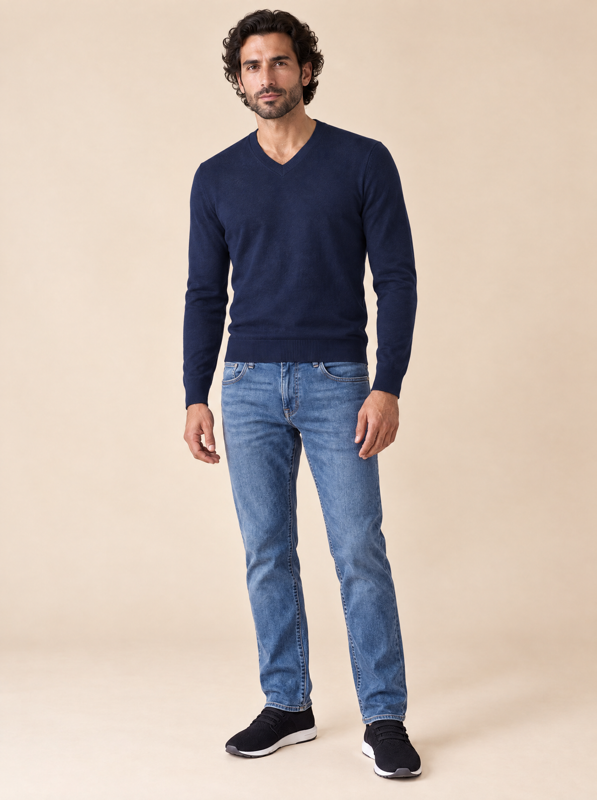 AZZUR V-Ausschnitt-Pullover Dunkelblau, Vorderansicht