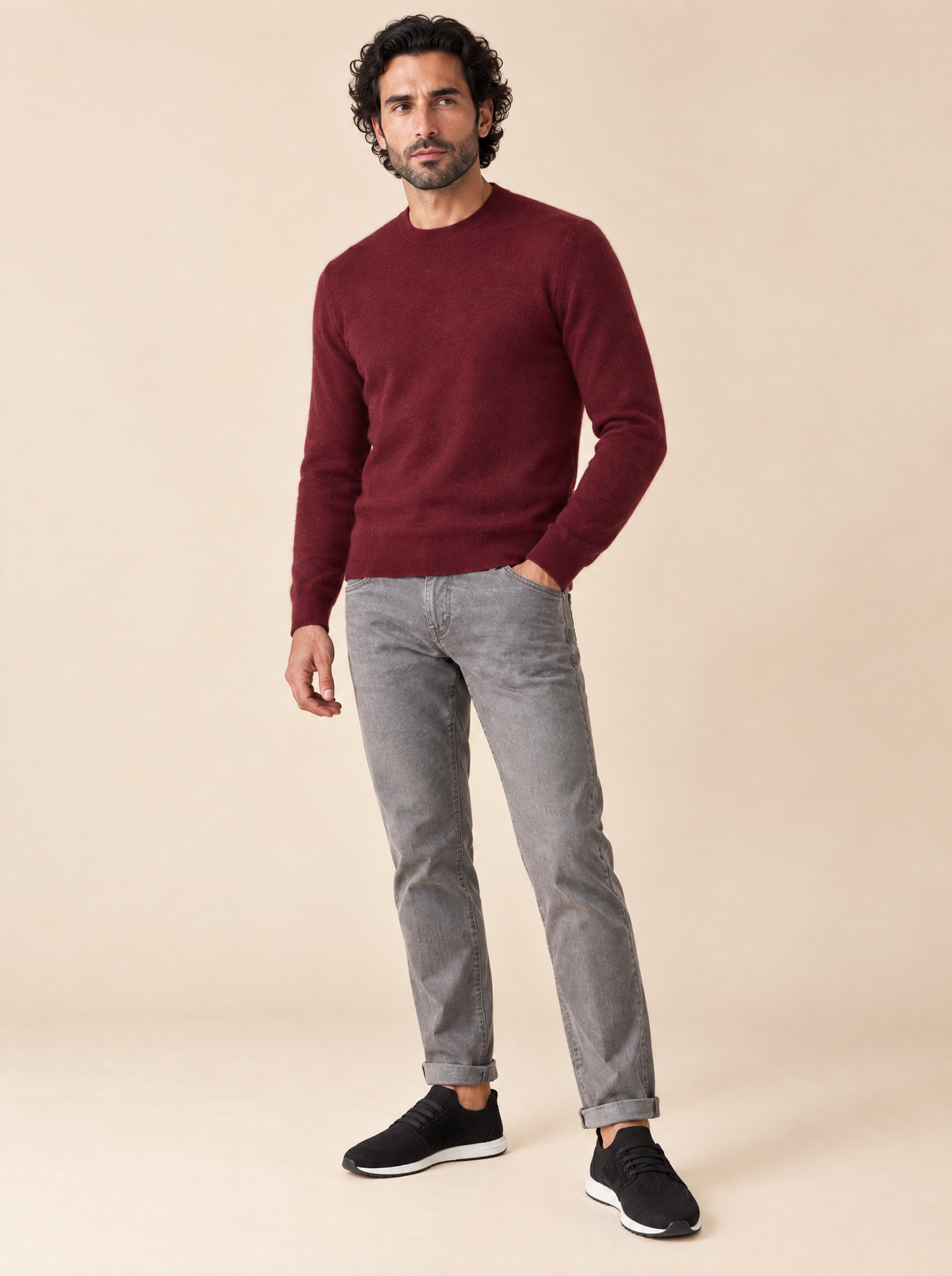 AZZUR Rundkragenpullover Babykaschmir Bordeaux, Seitenansicht