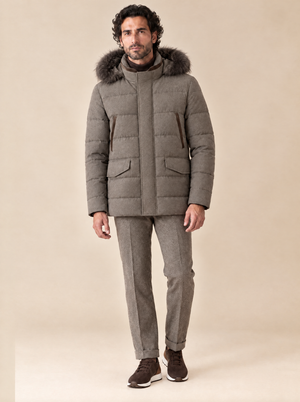 AZZUR Quilted Jacket with Detachable Hood and Fox Fur – Nylon, Taupe