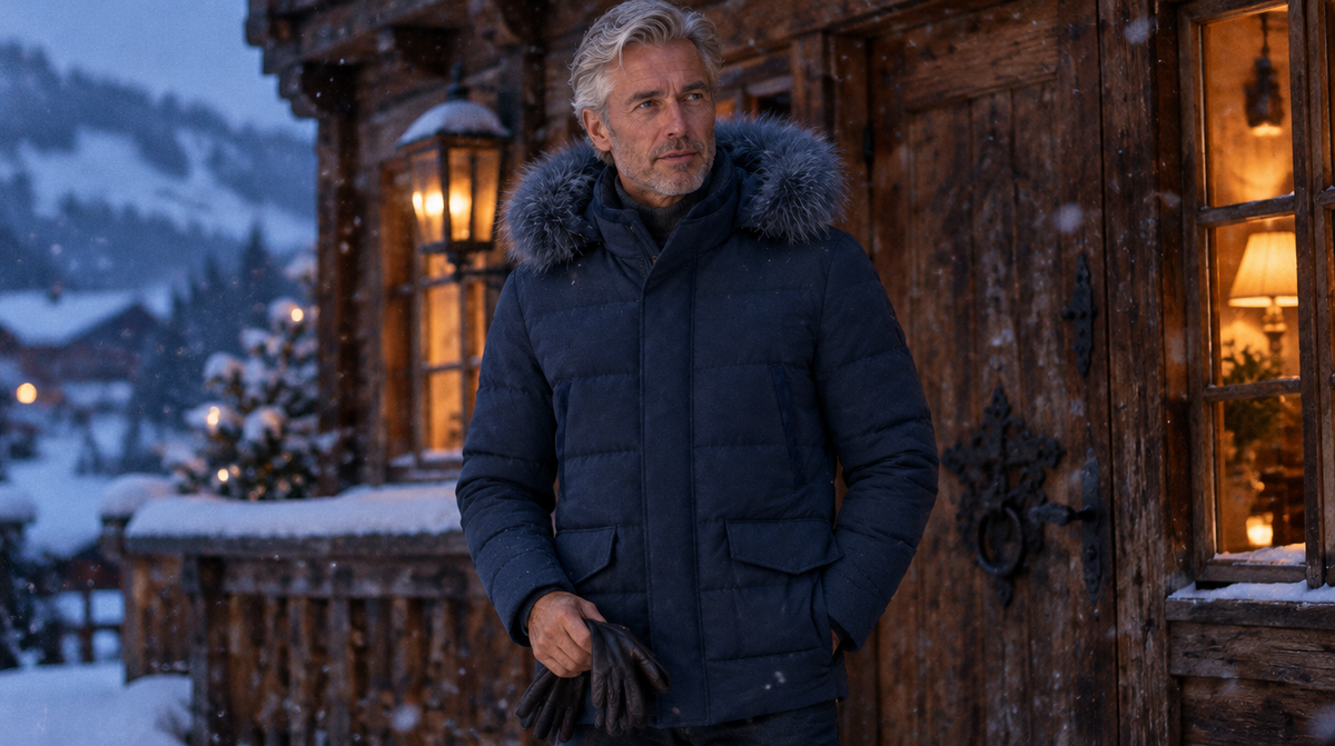 AZZUR Winter: dunkelblaue Steppjacke mit Fuchsfell am Chalet in der Dämmerung