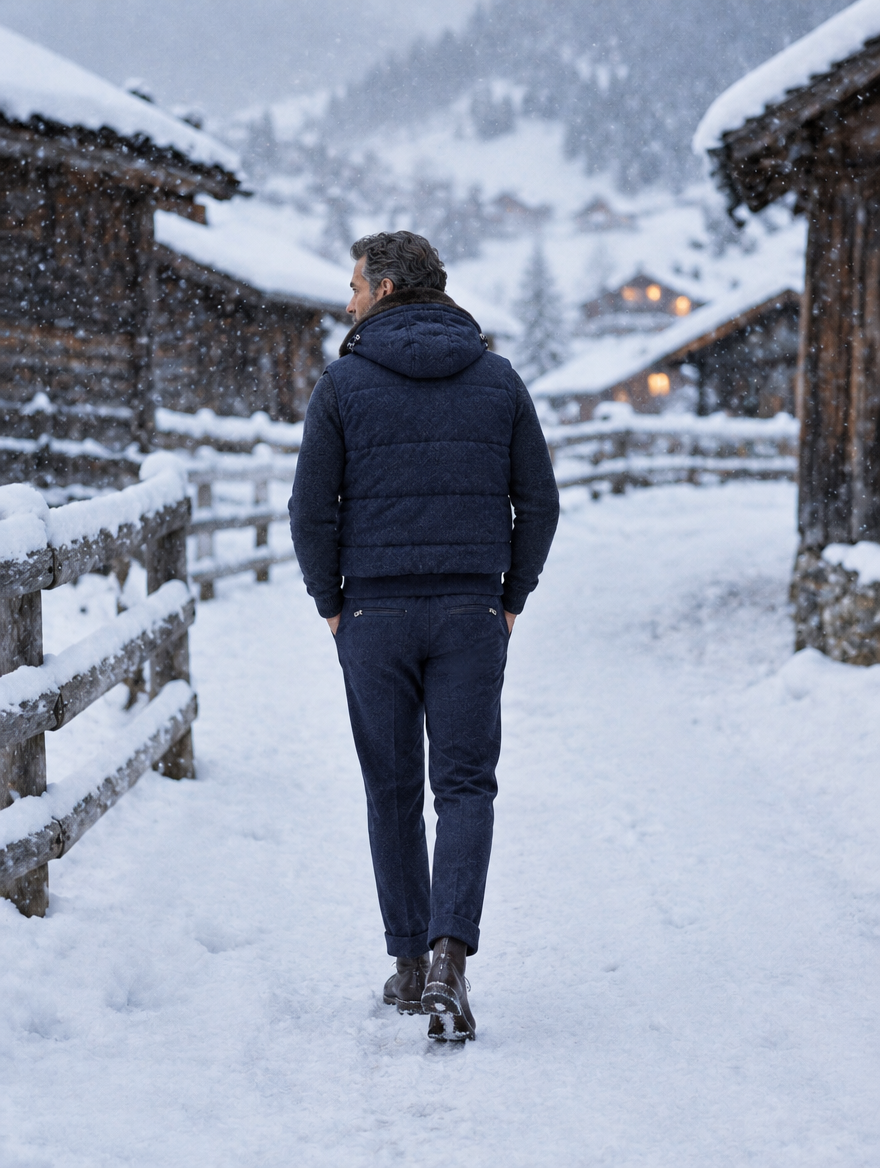 AZZUR Winter: Herr in dunkelblauer Steppweste und Flanellhose auf einem verschneiten Weg zwischen Holzhütten